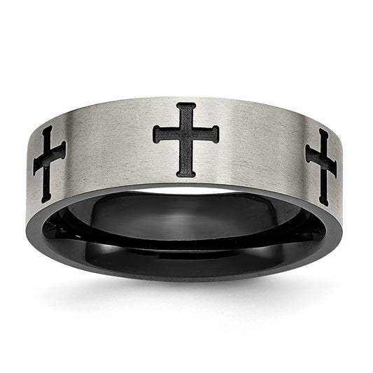 Titanium Brushed Black IP-plated Cross 7mm Band Size - 12