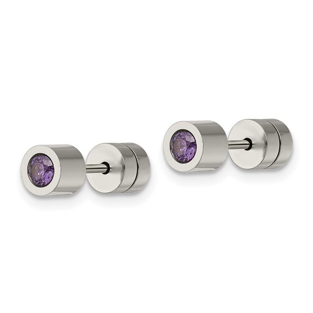 Stainless Steel Polished Purple CZ Feb Birthstone Post Earrings