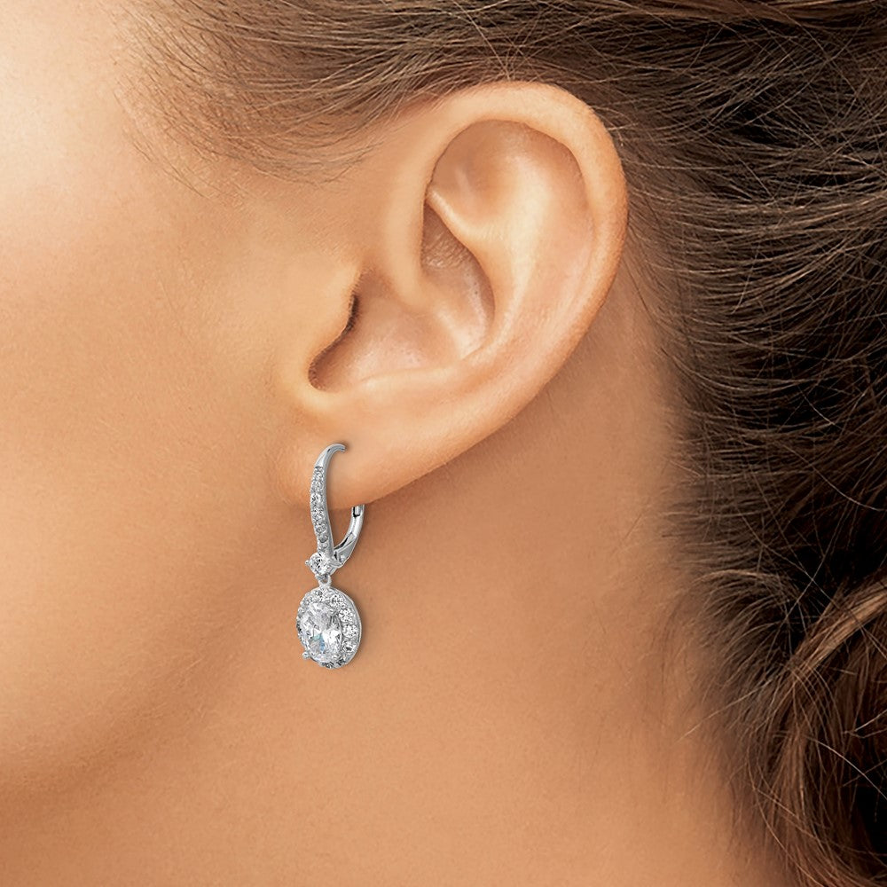 Cheryl M Sterling Silver Rhodium-plated Polished Oval CZ Halo Leverback Dangle Earrings