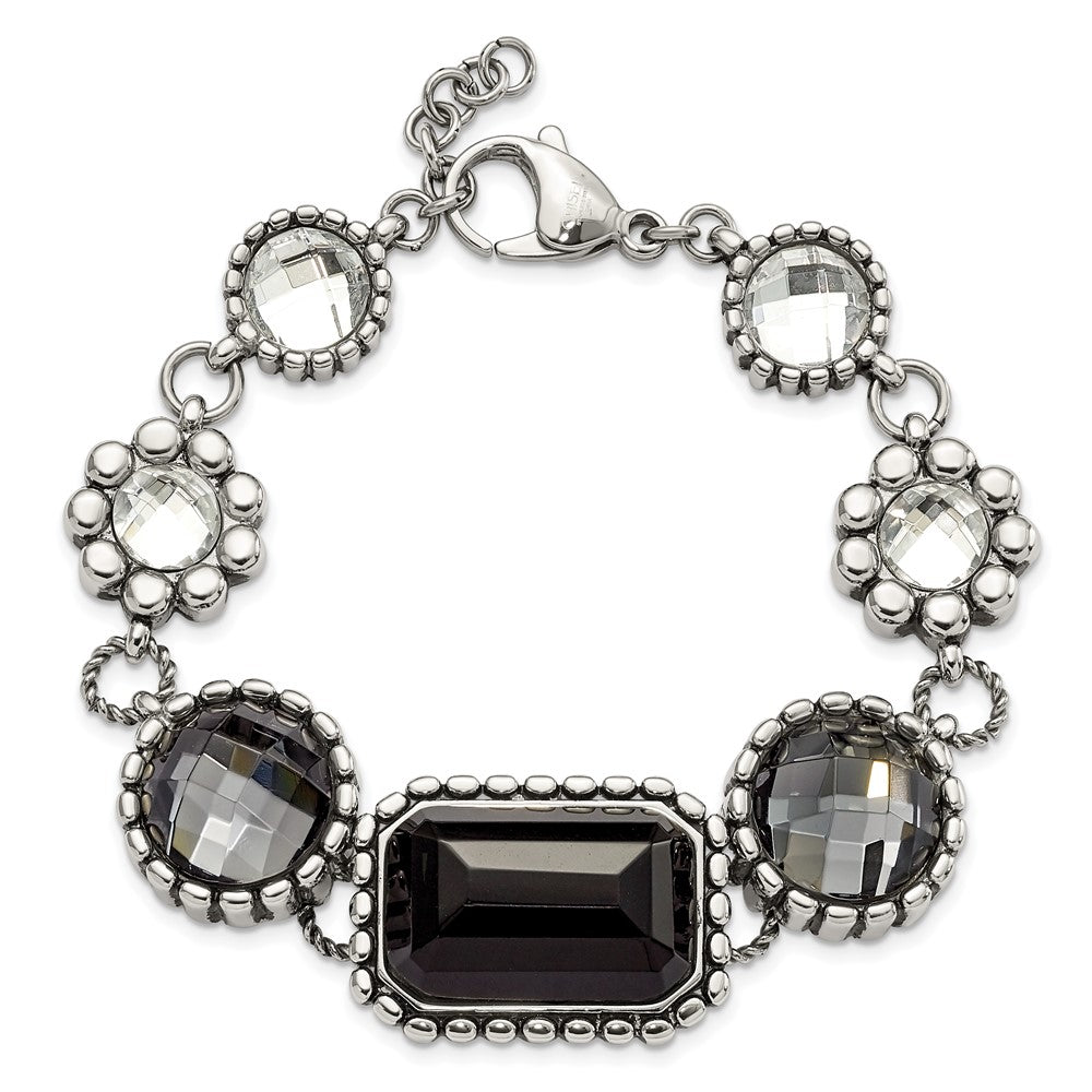 Stainless Steel Polished/Antiqued Glass Beaded w/1in ext. Bracelet