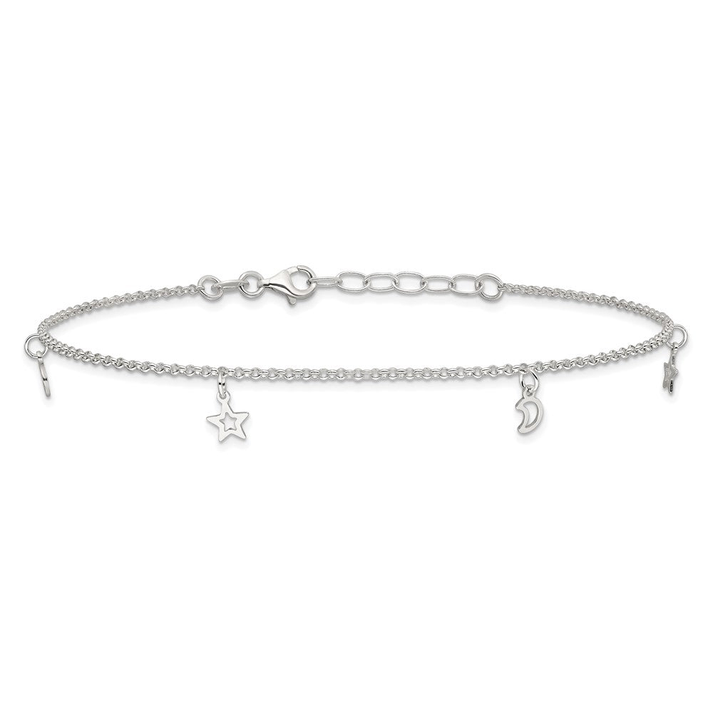 Sterling Silver Moon and Stars 9in Plus 1in Ext. Anklet 9 inches