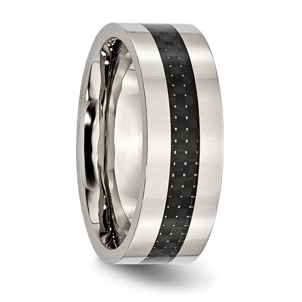 Stainless Steel Polished w/Black Carbon Fiber Inlay 8mm Flat Band Size - 10.5