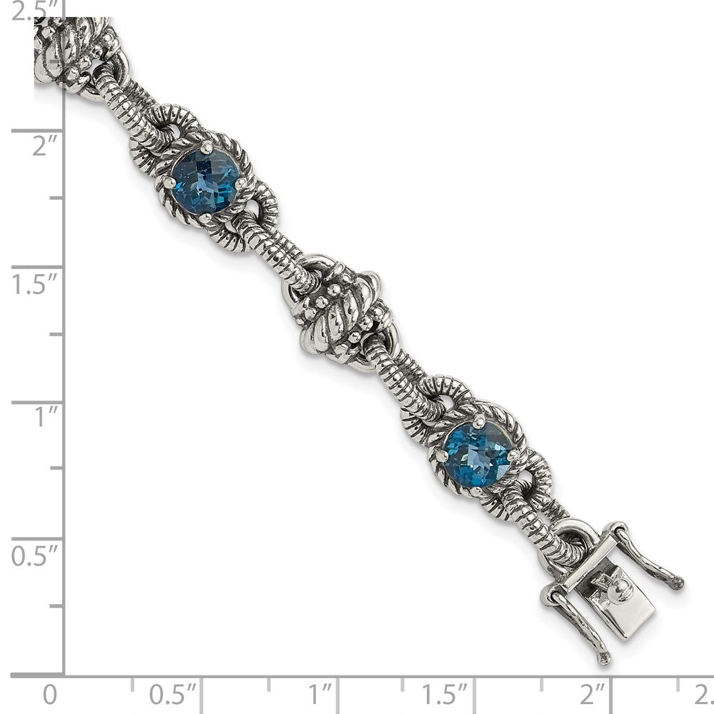 Shey Couture Sterling Silver 7.75 inch Antiqued Round London Blue Topaz Bracelet 7.75 inches