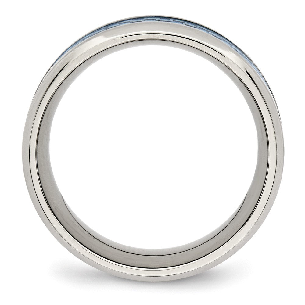 Stainless Steel Polished w/Light Blue Carbon Fiber Inlay 8mm Band Size - 7.5