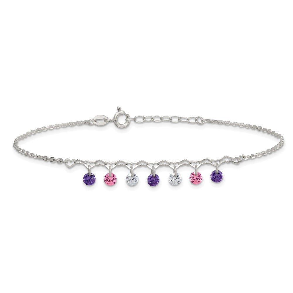 Sterling Silver Polished Purple/Pink/White CZ with Hearts 9 inch with 1 inch Extension Anklet