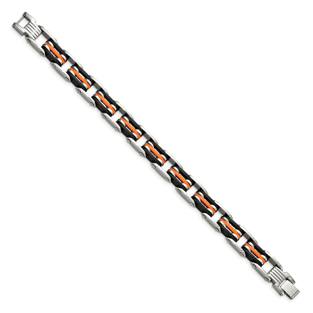 Stainless Steel 8.5in Polished with Rubber Black and Orange Bracelet 8.5 inches