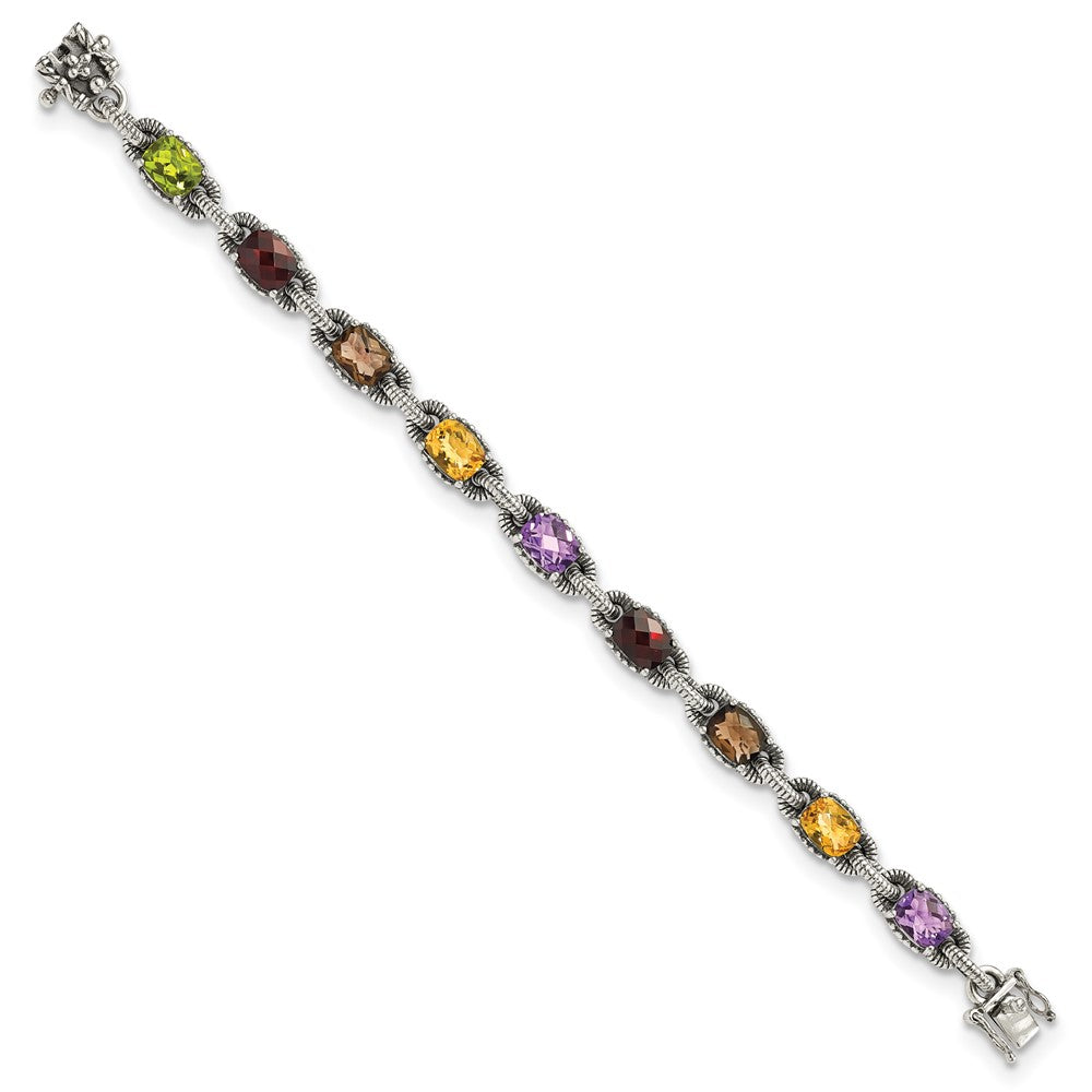 Shey Couture Sterling Silver 7.25 Inch Antiqued Cushion .86Amethyst/.86Citrine/1.10Garnet/.55Peridot/.86Smoky Quartz Bracelet 7.25 inches