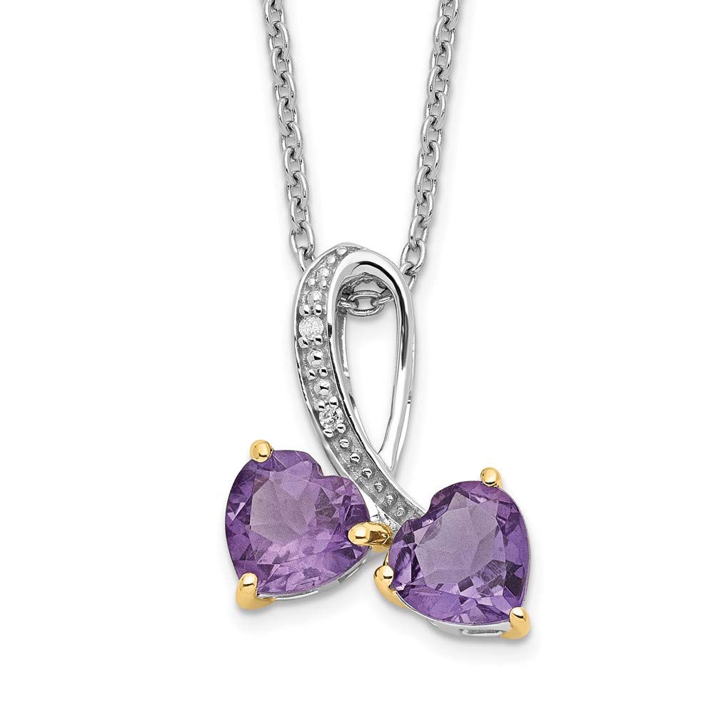 Brilliant Gemstones Sterling Silver with 14K Accent Rhodium-plated Amethyst and Diamond Heart 18 Inch Necklace with 2 Inch Extender 17 Inches