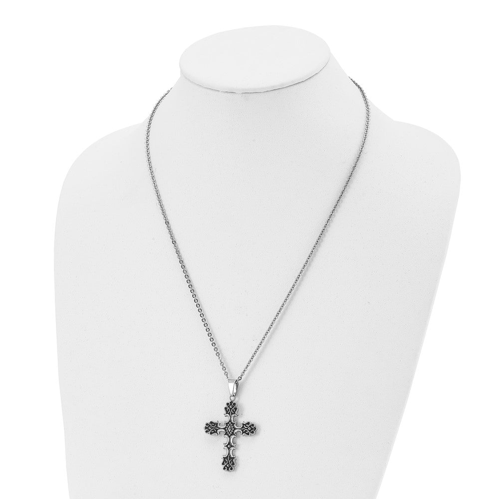 Stainless Steel Antiqued Polished and Textured Cross 22in Necklace
