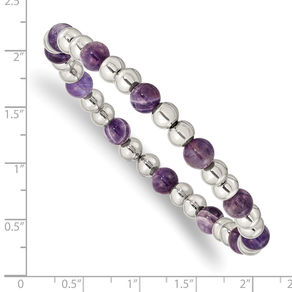 Stainless Steel Polished Purple Zebra Amethyst Beaded Stretch Bracelet 7 inches