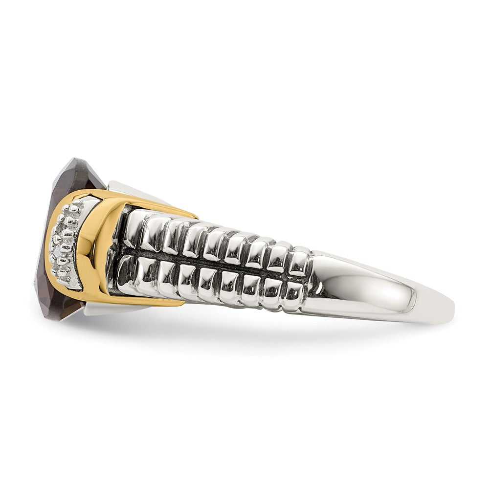 Shey Couture Sterling Silver with 14K Accent Antiqued Cushion Checkerboard Smoky Quartz and Diamond Ring