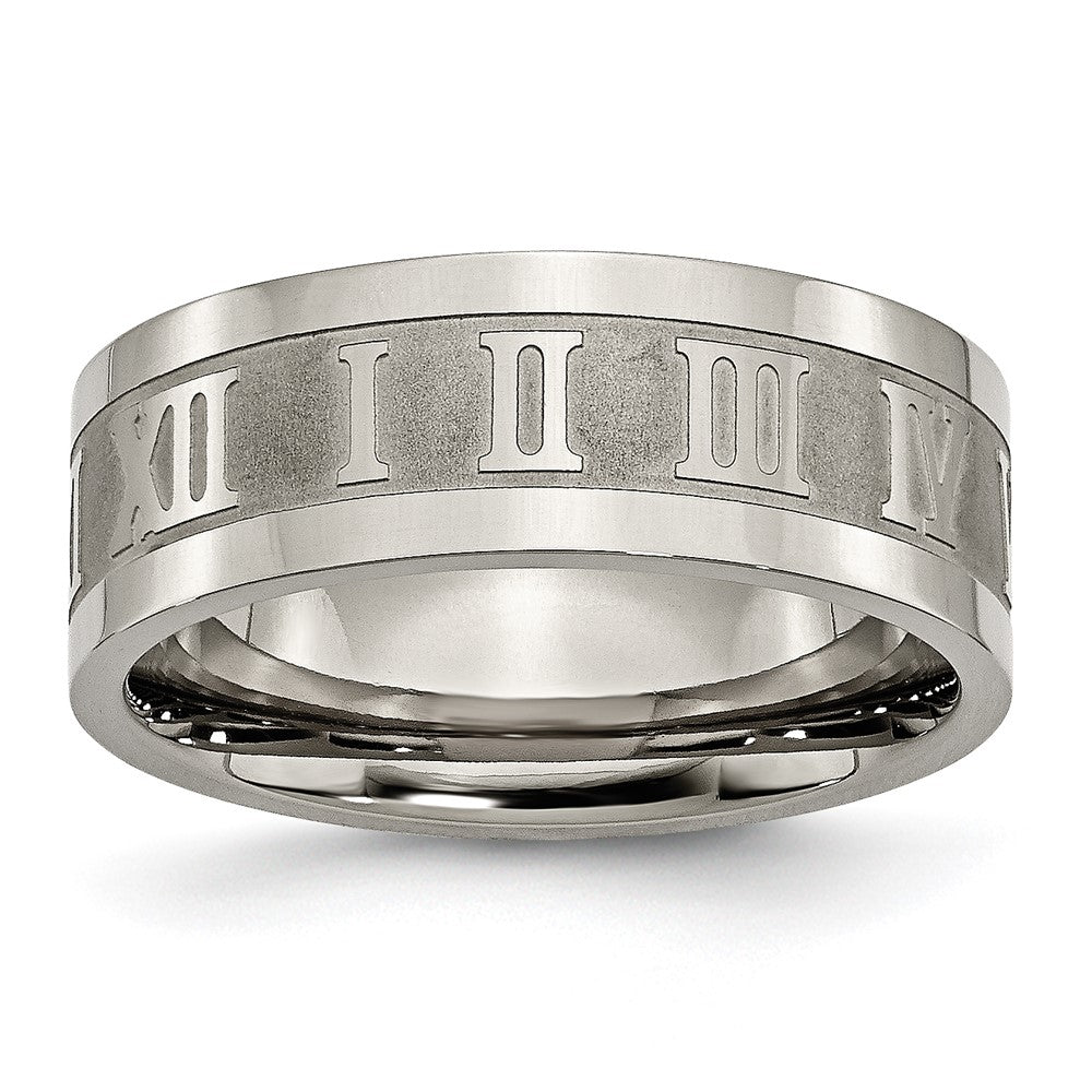 Titanium Satin Center 8mm Roman Numerals Flat Band Size - 10.5