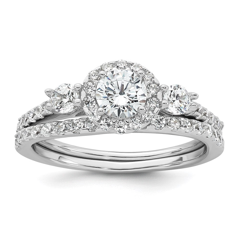 Sterling Silver Rhodium-plated Polished CZ 3-Stone Halo Size 7 Engagement Ring and Wedding Band Set