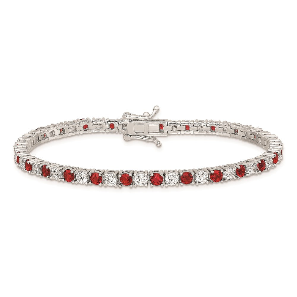 Sterling Silver Rhodium-plated Red Glass and CZ  7 inch Bracelet 7 inches