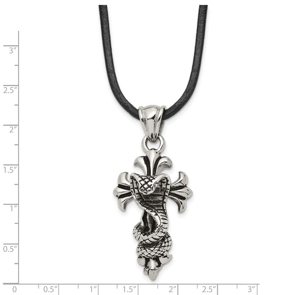 Stainless Steel Antiqued and Polished Snake on Cross 20in Leather Necklace