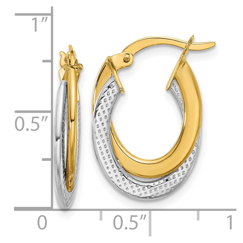 10K with Rhodium Polished and Textured Fancy Hoop Earrings