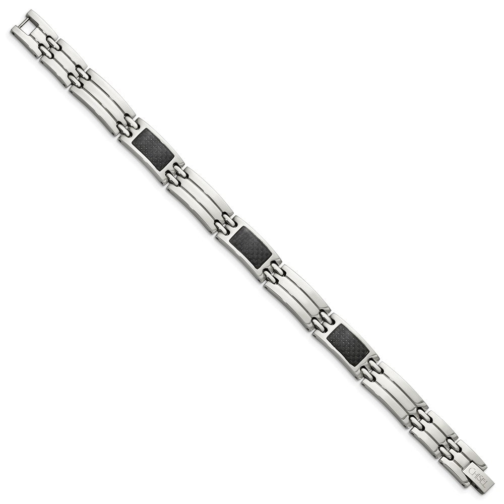 Stainless Steel Brushed & Polished Black Carbon Fiber Inlay 8.5in Bracelet 8.5 inches