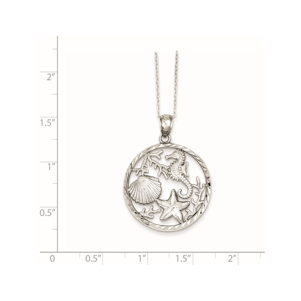 Sterling Silver Rhodium-plated Seahorse, Starfish and Shell Pendant 18 Inches