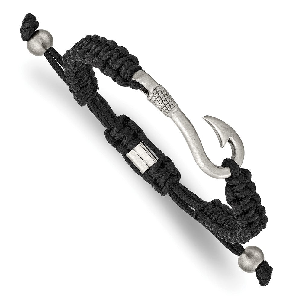 Stainless Steel Brushed Fishing Hook Black Nylon Adjustable Bracelet 9 inches