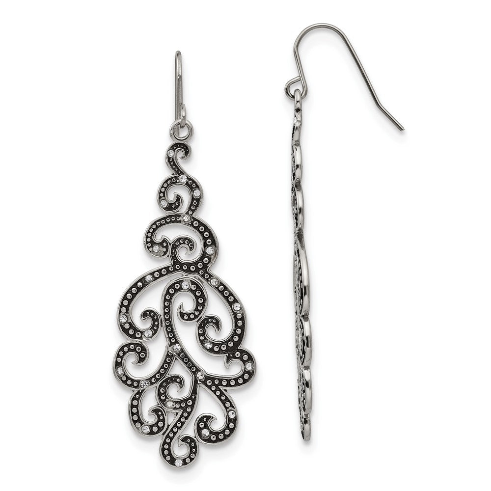 Stainless Steel Antiqued & Polished Crystal Shepherd Hook Earrings