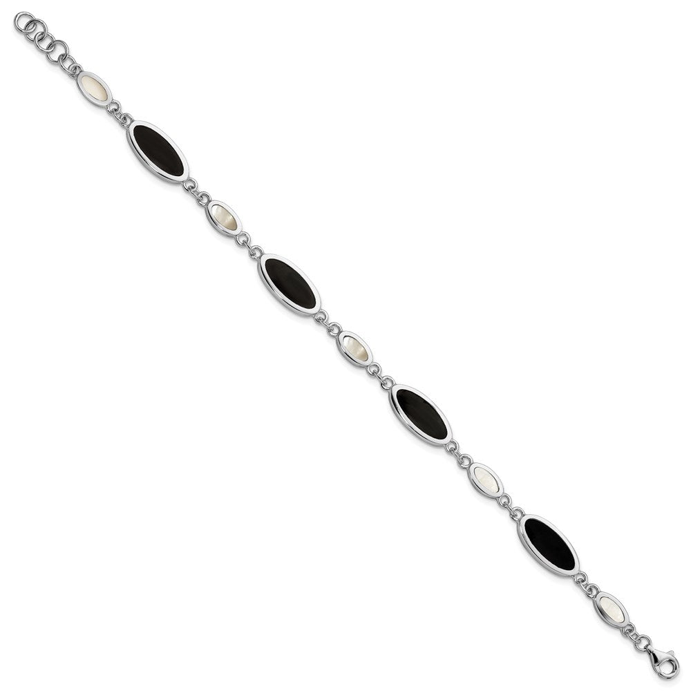 Sterling Silver Rhodium-plated Onyx and Mother of Pearl Bracelet 7 inches