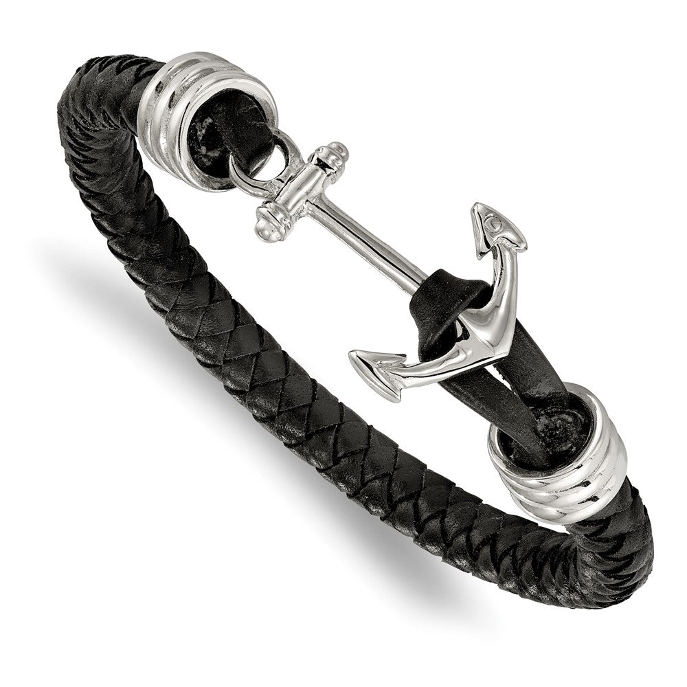 Stainless Steel Polished Black Braided Leather Anchor 8.5in Bracelet 8.5 inches