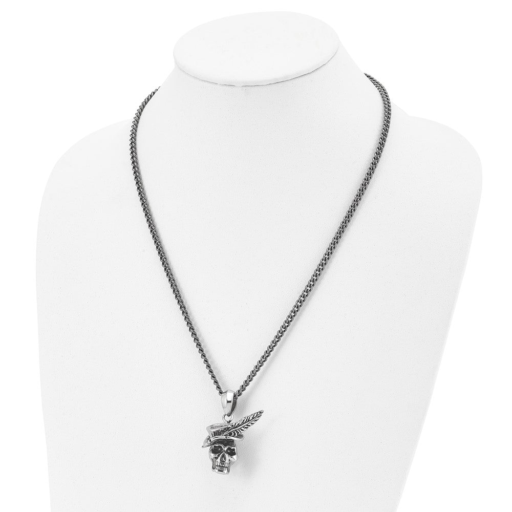 Stainless Steel Antiqued and Polished Skull with Feather 22in Necklace