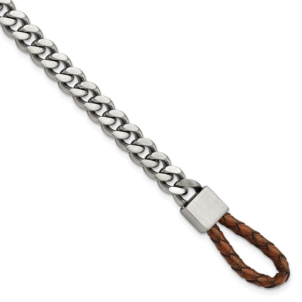 Stainless Steel Brushed & Polished Chain w/Brown Leather Hook Bracelet 8.25 inches