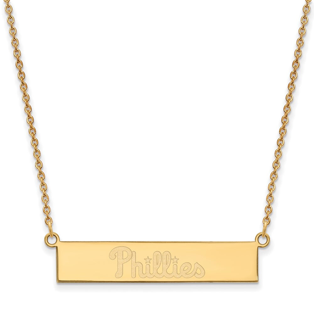 Sterling Silver Gold-plated MLB LogoArt Philadelphia Phillies Team Script Small Bar 18 inch Necklace