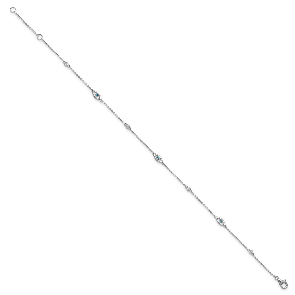 Cheryl M Sterling Silver Rhodium-plated Polished Blue Glass and CZ Evil Eye 9.5 Inch with 1 Inch Extension Anklet