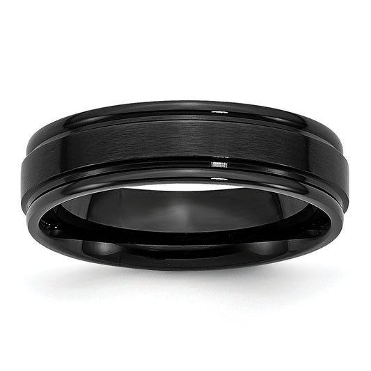 Stainless Steel 6mm Black IP-plated Brushed Center/Polished Edges Band Size - 9.5