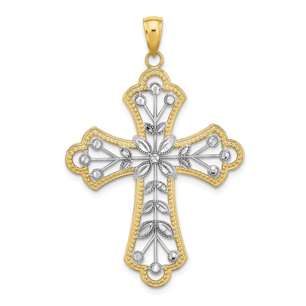 14K W/ Rhodium and D/C Leaves And Beaded Cross Charm