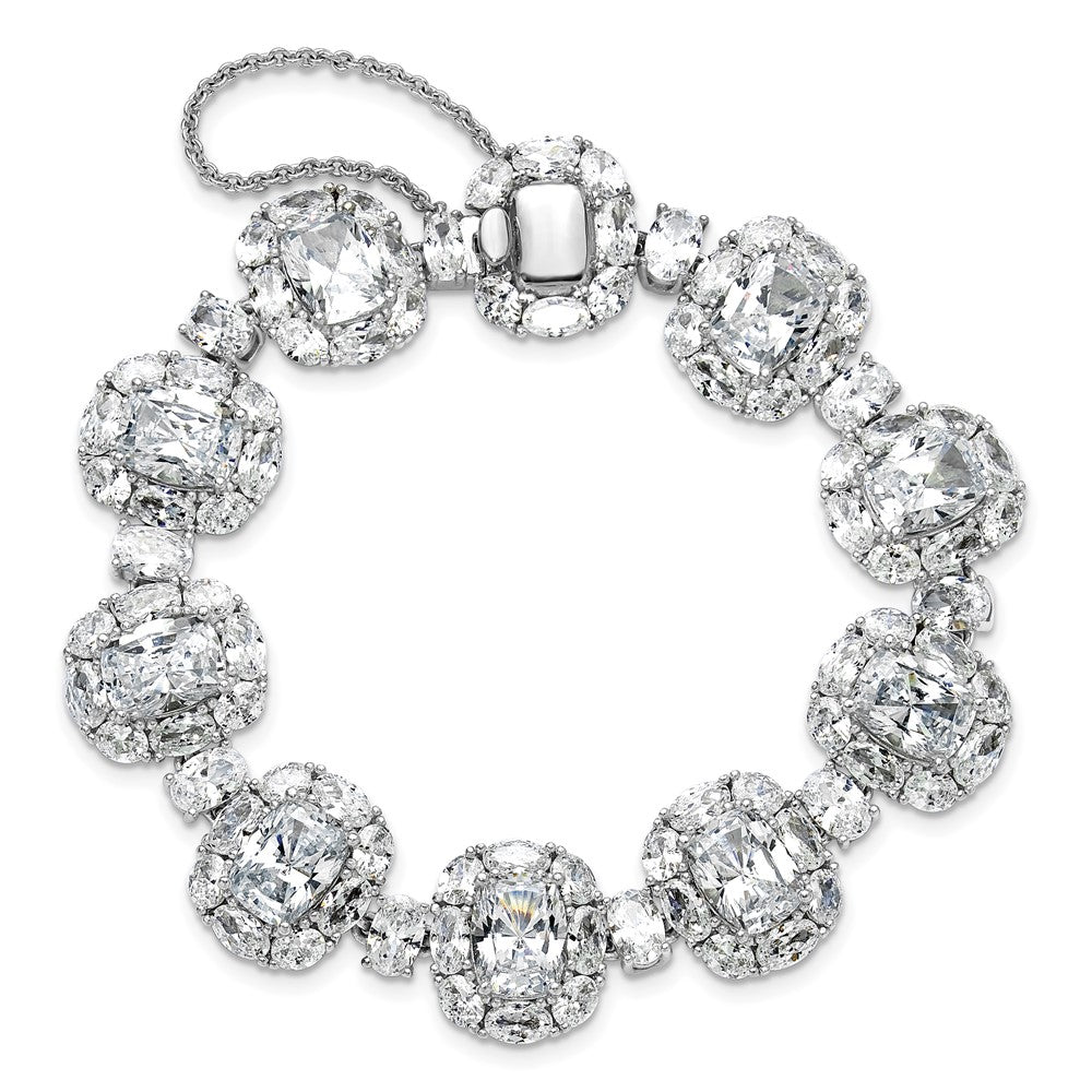 Cheryl M Sterling Silver Rhodium-plated Polished Fancy Cushion-cut CZ Halo Cluster with Safety Chain Bracelet 7 inches
