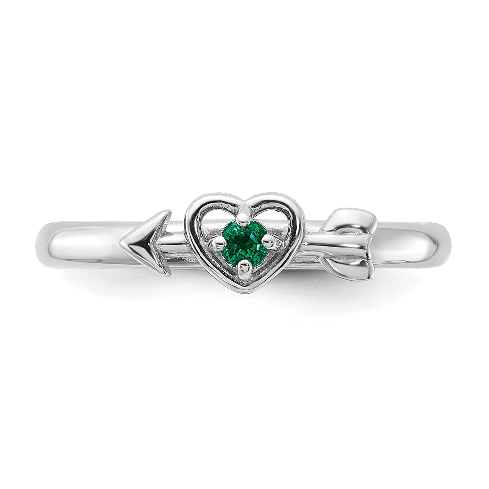 Sterling Silver Stackable Expressions Rhodium-plated Created Emerald Heart with Arrow Ring Size -5