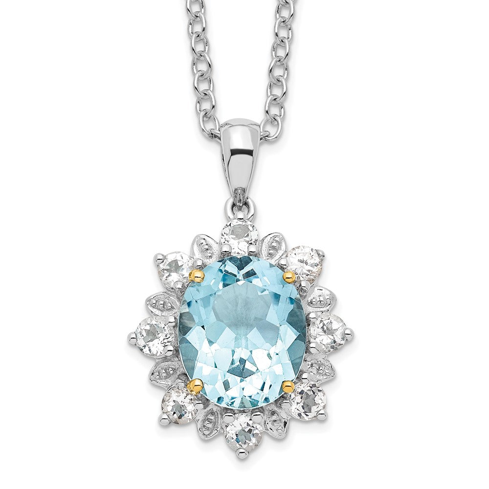 Brilliant Gemstones Sterling Silver with 14K Accent Rhodium-plated Sky Blue Topaz and White Topaz 18 Inch Necklace with 2 Inch Extender 18 Inches