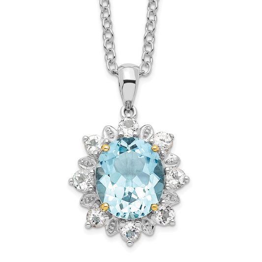 Brilliant Gemstones Sterling Silver with 14K Accent Rhodium-plated Sky Blue Topaz and White Topaz 18 Inch Necklace with 2 Inch Extender 18 Inches