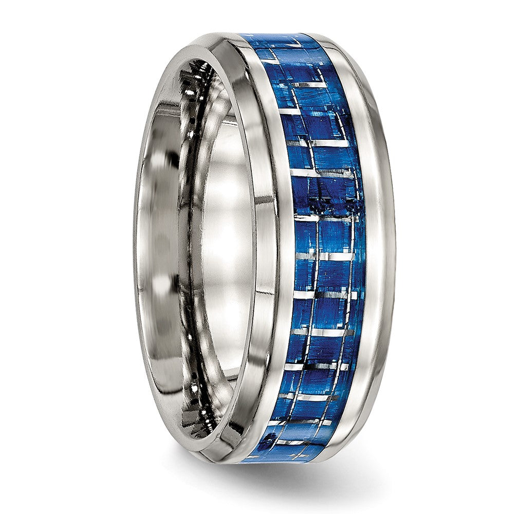 Stainless Steel Polished w/Blue Carbon Fiber Inlay 8mm Beveled Edge Band Size - 12