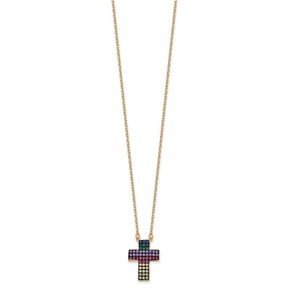 Prizma Sterling Silver Gold-tone 14K Flash Gold-plated 16 inch Colorful CZ Cross Necklace with 2 inch Extender