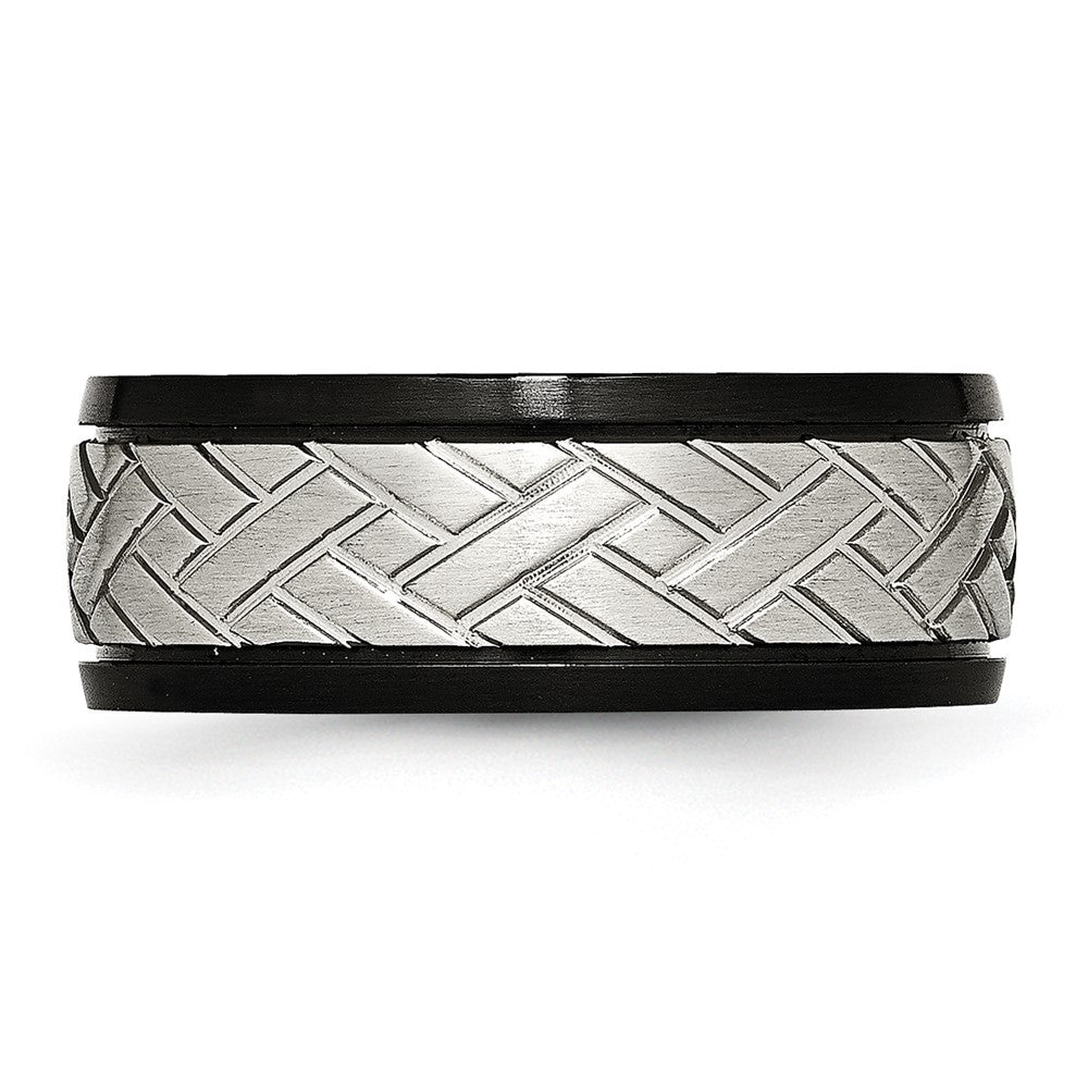 Stainless Steel Brushed Black IP-plated 8mm Grooved Band Size - 10