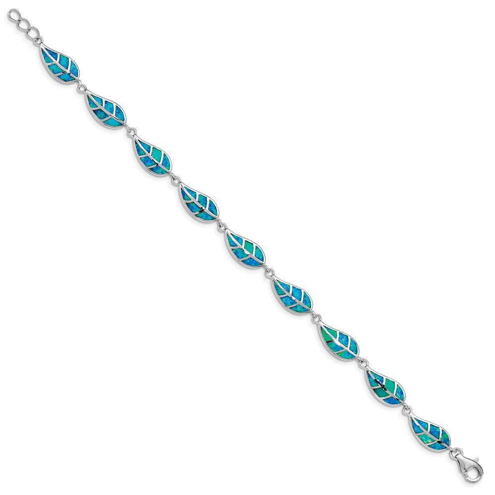 Sterling Silver Rhodium-plated Lab Created Opal Inlay Leaf Bracelet 7.5 inches