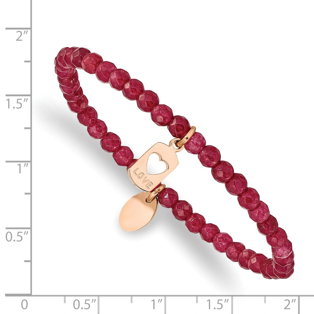 Stainless Steel Polished Rose IP-plated LOVE Red Jade Stretch Bracelet 6.25 inches
