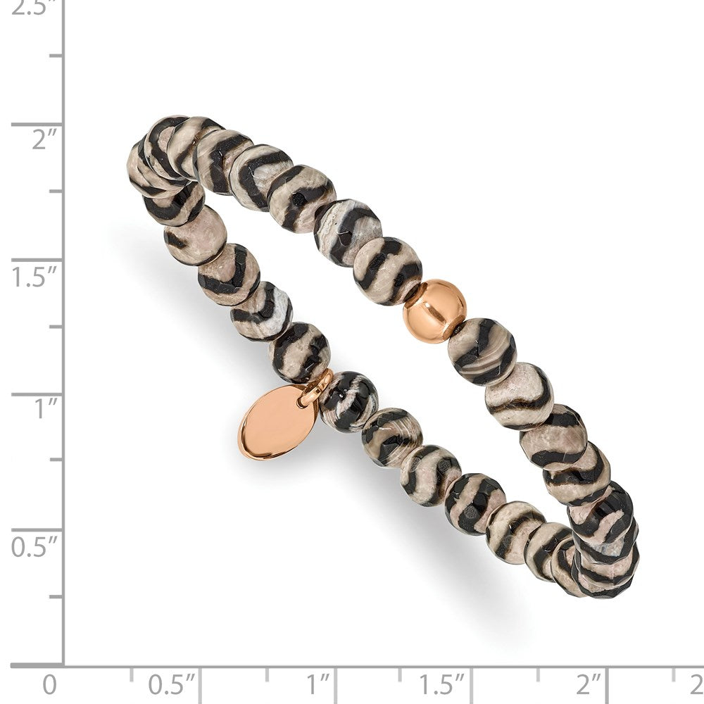Stainless Steel Polished Rose IP Black and White Agate Stretch Bracelet 6.25 inches