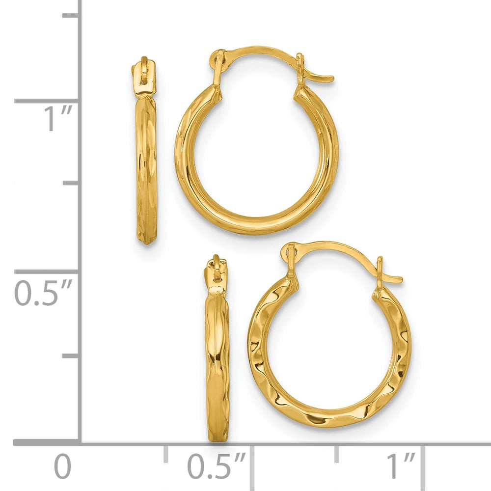 10k Diamond-cut and Textured Set of Two Pairs Hoop Earrings