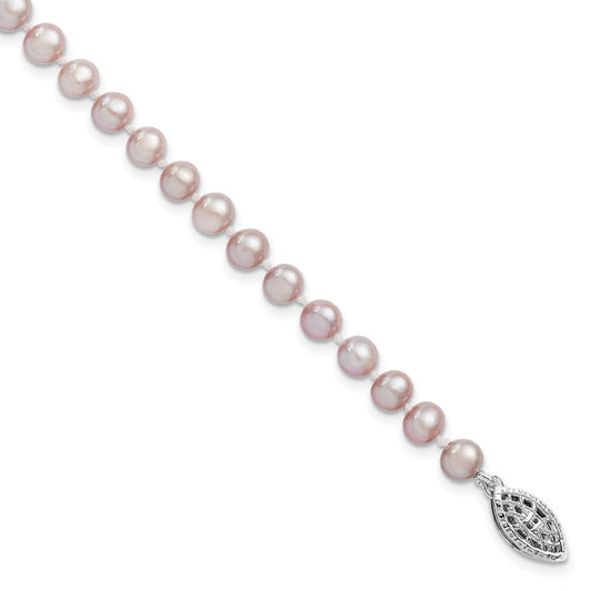 Sterling Silver Rhodium-plated 5-6mm Purple Near-Round Freshwater Cultured Pearl 7.25 inch Bracelet 7.25 inches