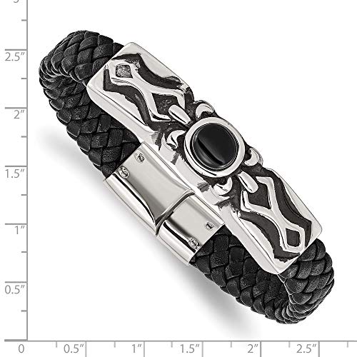 Stainless Steel Antiqued & Polished w/Black Onyx Leather 8.25in Bracelet 8.25 inches
