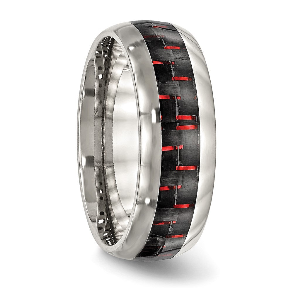 Stainless Steel Polished Black/Red Carbon Fiber Inlay 8mm Band Size - 12.5