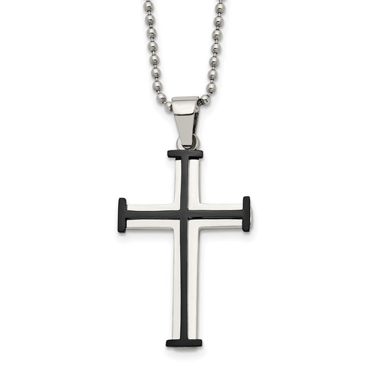 Stainless Steel Polished Black IP-plated Cross 22in Necklace