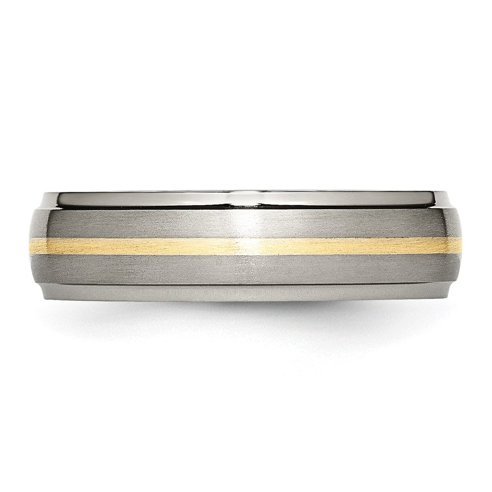 Titanium Brushed Center w/14k Yellow Inlay 6mm Ridged Edge Band Size - 9