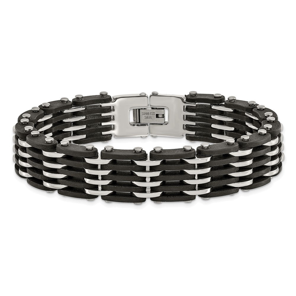 Stainless Steel Polished with Black Rubber 8.25in Bracelet 8.25 inches