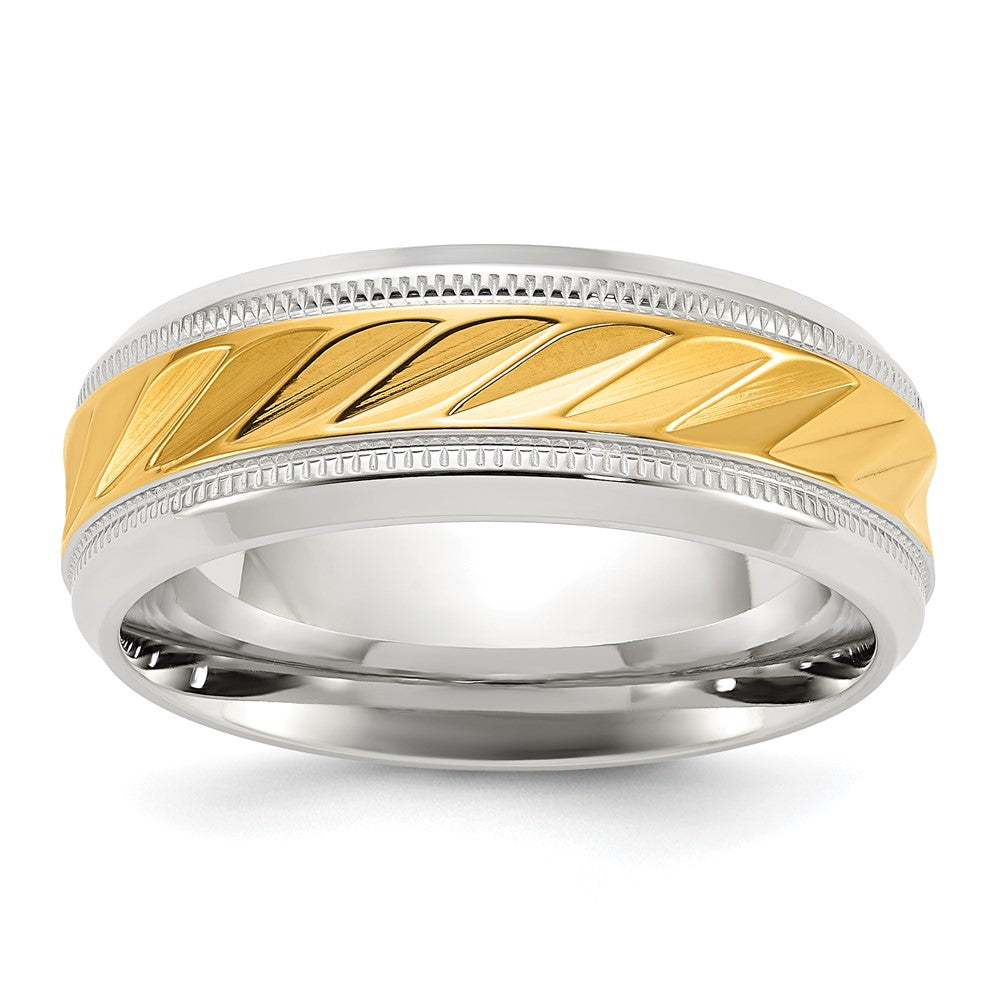 Chisel Stainless Steel Polished with Yellow IP-plated Grooved Center 8mm Band Size - 9.5